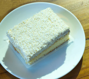 High angle view of cake in plate on table