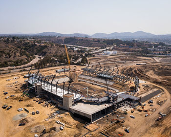 High angle view of construction site against sky