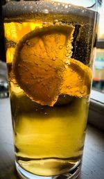 Close-up of beer in glass on table