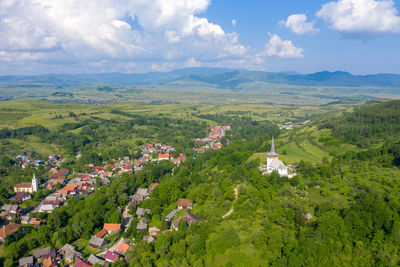 Aerial drone view of a countryside small village. valeni, transylvania, romania