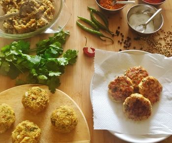 High angle view of food in plate on table