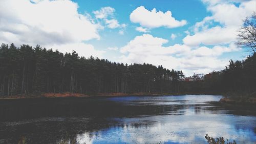 Scenic view of lake against cloudy sky