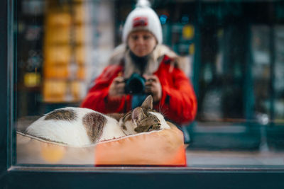 Woman taking photo of cat in window