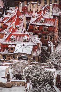 High angle view of snow covered buildings