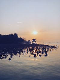 Group of people on the lake at sunset