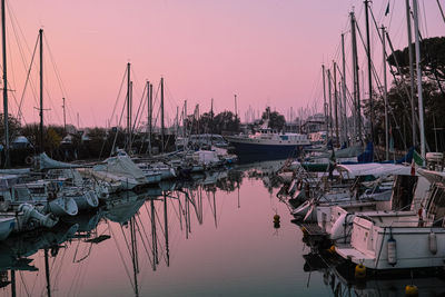 Sailboats moored in harbor at sunset