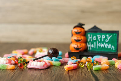 Close-up of multi colored candies on table