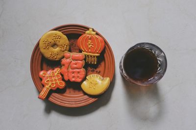 High angle view of drink on table