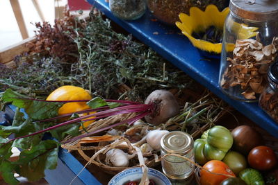 High angle view of fruits in container