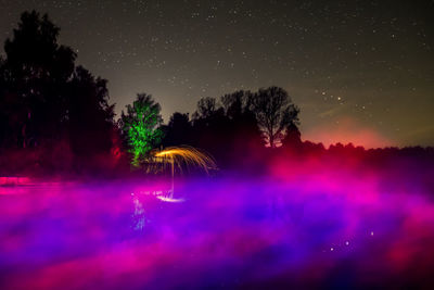 Firework display over silhouette trees against sky at night