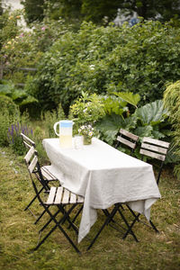 Empty chairs on field