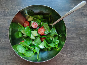 High angle view of salad in bowl on table