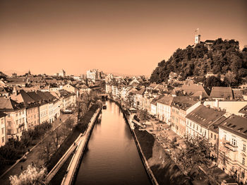 High angle view of river amidst buildings in city