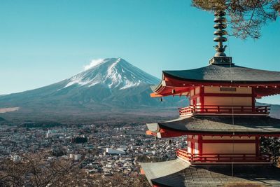 Temple in city against snowcapped mountains