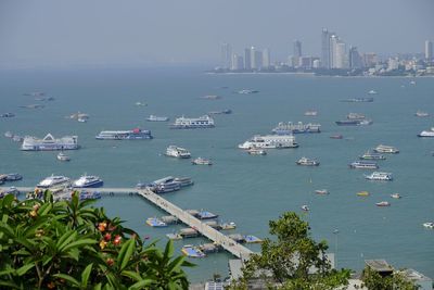 High angle view of boats in harbor