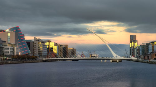 City at waterfront during sunset