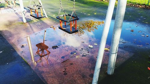 Reflection of trees in puddle