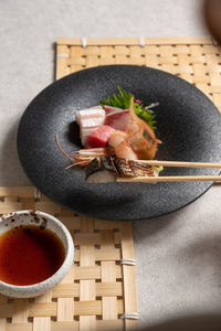 High angle view of food in plate on table