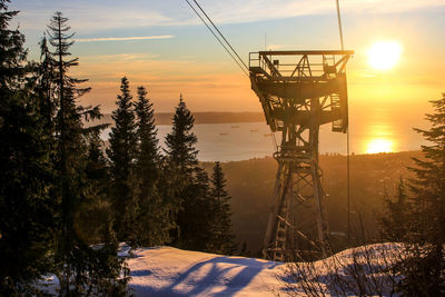 Overhead cable car on snowcapped mountains during sunset