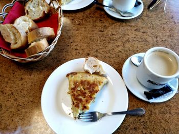 High angle view of breakfast served on table