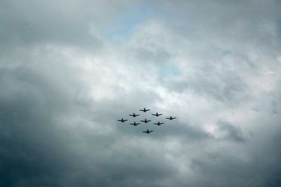 Low angle view of airplane flying against cloudy sky