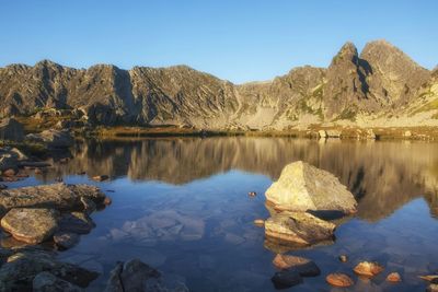 Scenic view of lake and mountains against sky