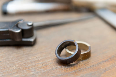 High angle view of rings on table