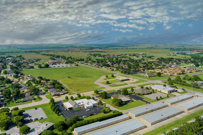 Aerial view of agricultural field against sky