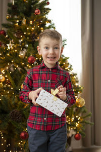 Portrait of cute girl decorating christmas tree at home