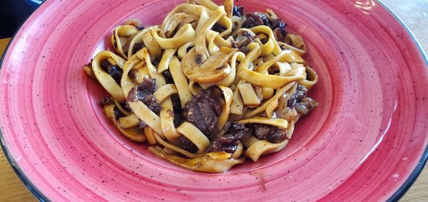 Close-up of pasta in plate on table