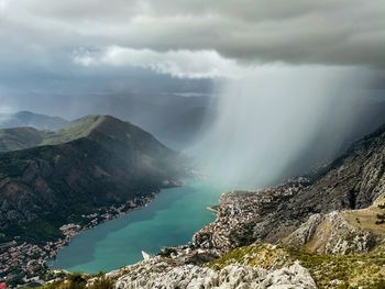 Panoramic view of lake and mountains against sky