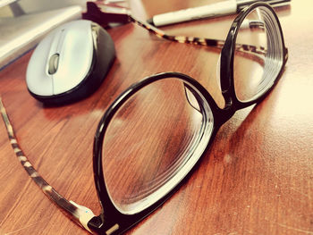 Close-up of eyeglasses on table