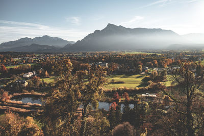 Aerial view of agricultural landscape against sky