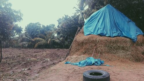 Close-up of wet umbrella against sky