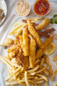 Close-up of seafood served on dining table