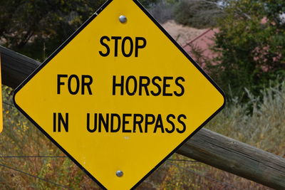 Close-up of road sign against trees