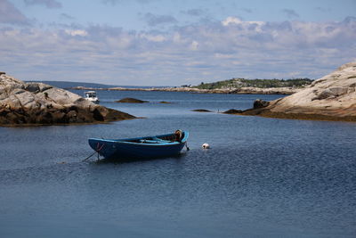 Boat moored on sea against sky