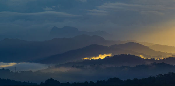 Scenic view of mountains against sky during sunset