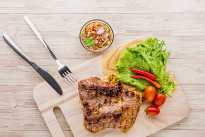 High angle view of food on cutting board