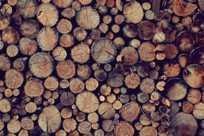 Full frame shot of wooden logs in forest