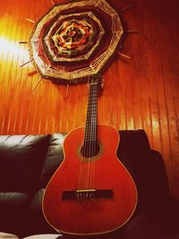 Close-up of guitar at home