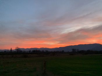 Scenic view of field against sky during sunset