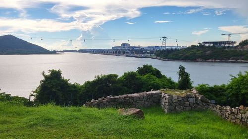 Scenic view of river against cloudy sky