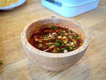 High angle view of soup in bowl on table