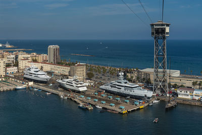 High angle view of harbor by sea against sky