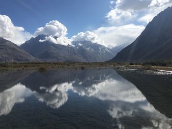 Panoramic view of lake and mountains against sky