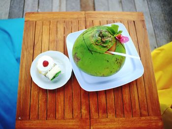 High angle view of dessert on table