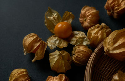 High angle view of vegetables on table against black background