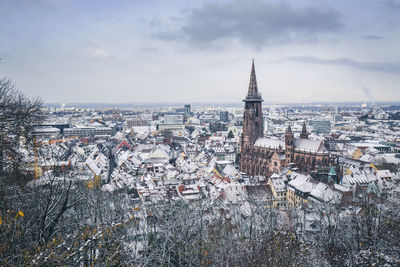 High angle view of town in winter