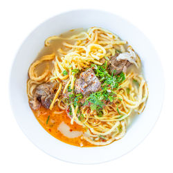 High angle view of noodles served in bowl